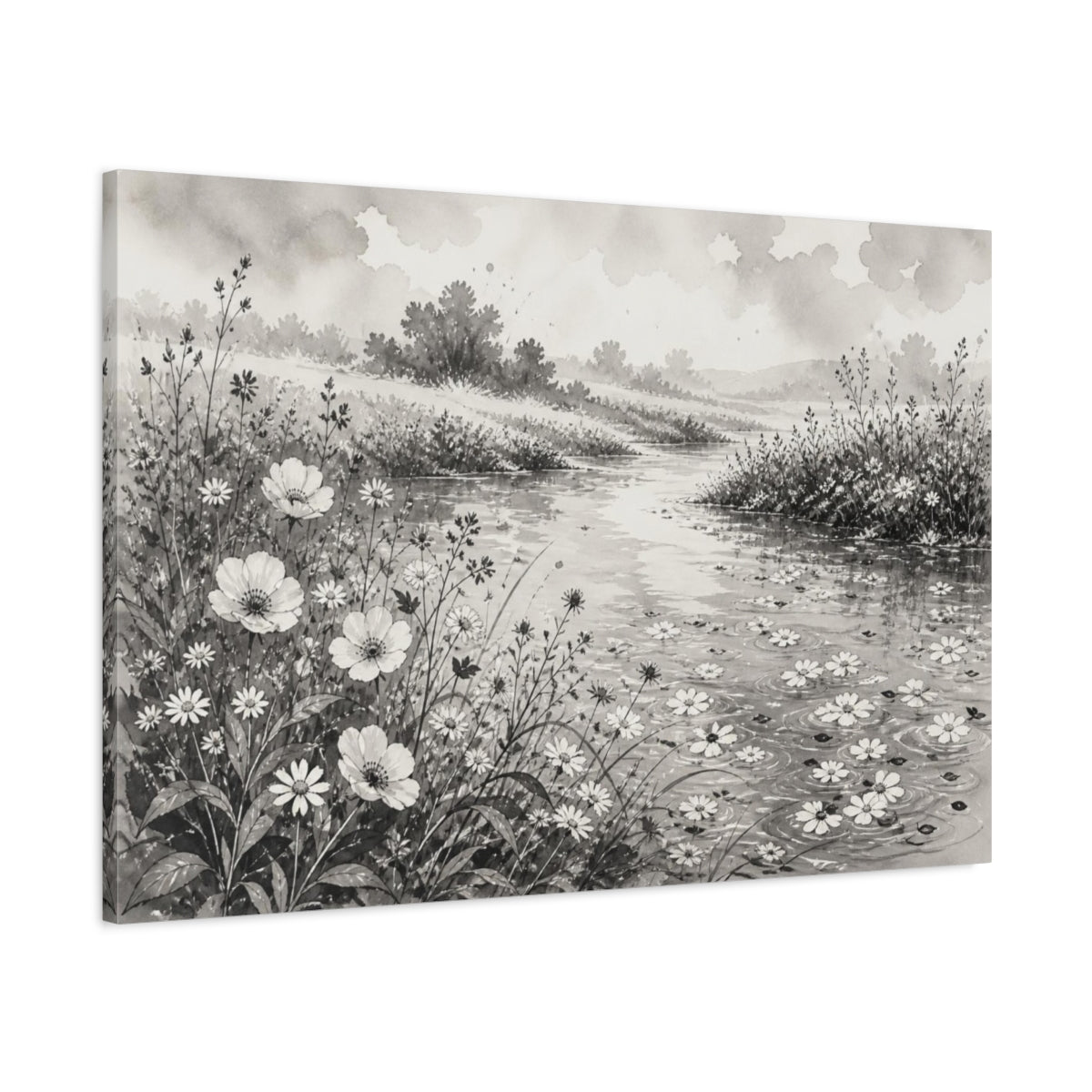 Main Mockup. Misty Riverbank Wildflowers shown as canvas print