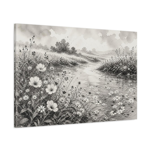 Main Mockup. Misty Riverbank Wildflowers shown as canvas print