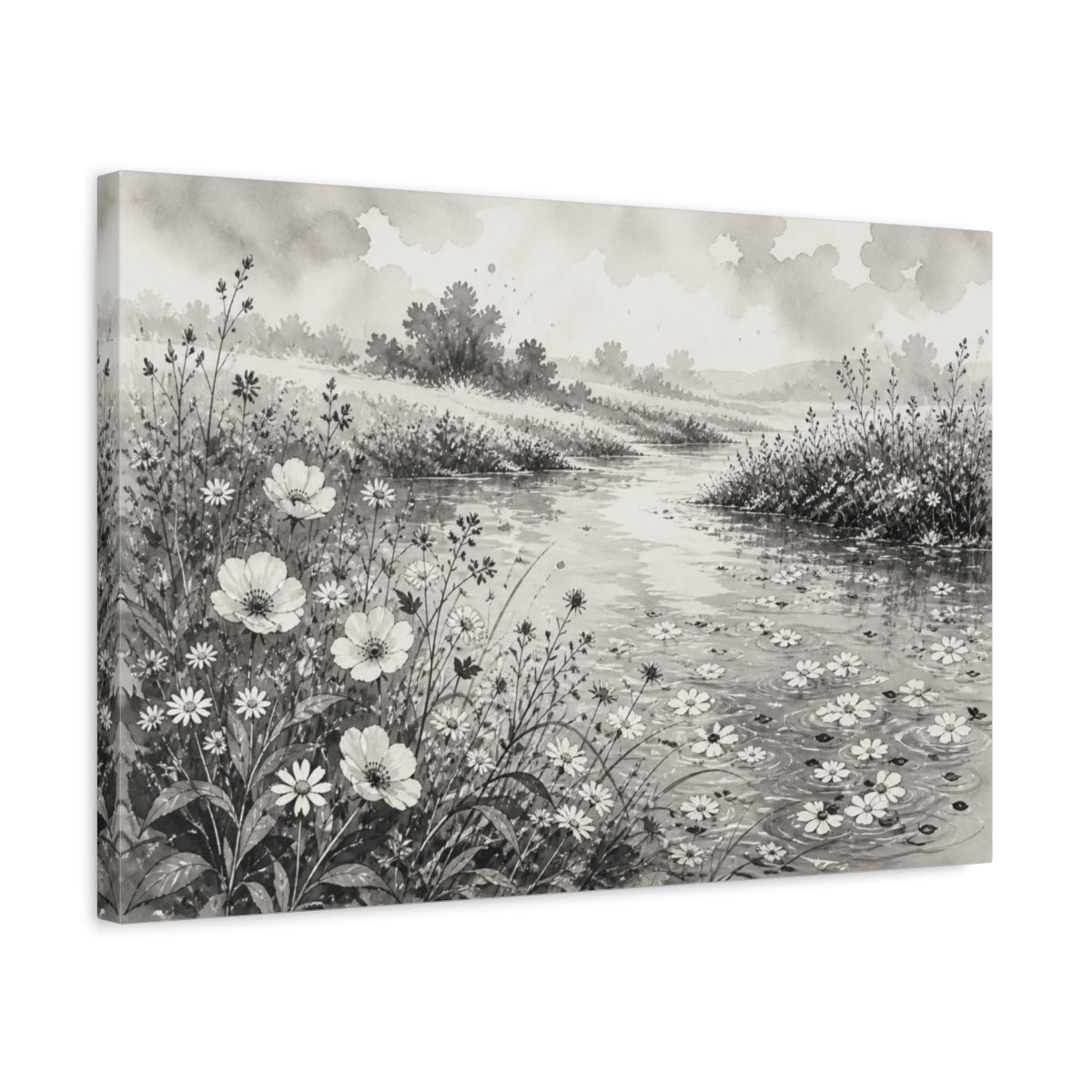 Side Mockup 3. Misty Riverbank Wildflowers shown as canvas print