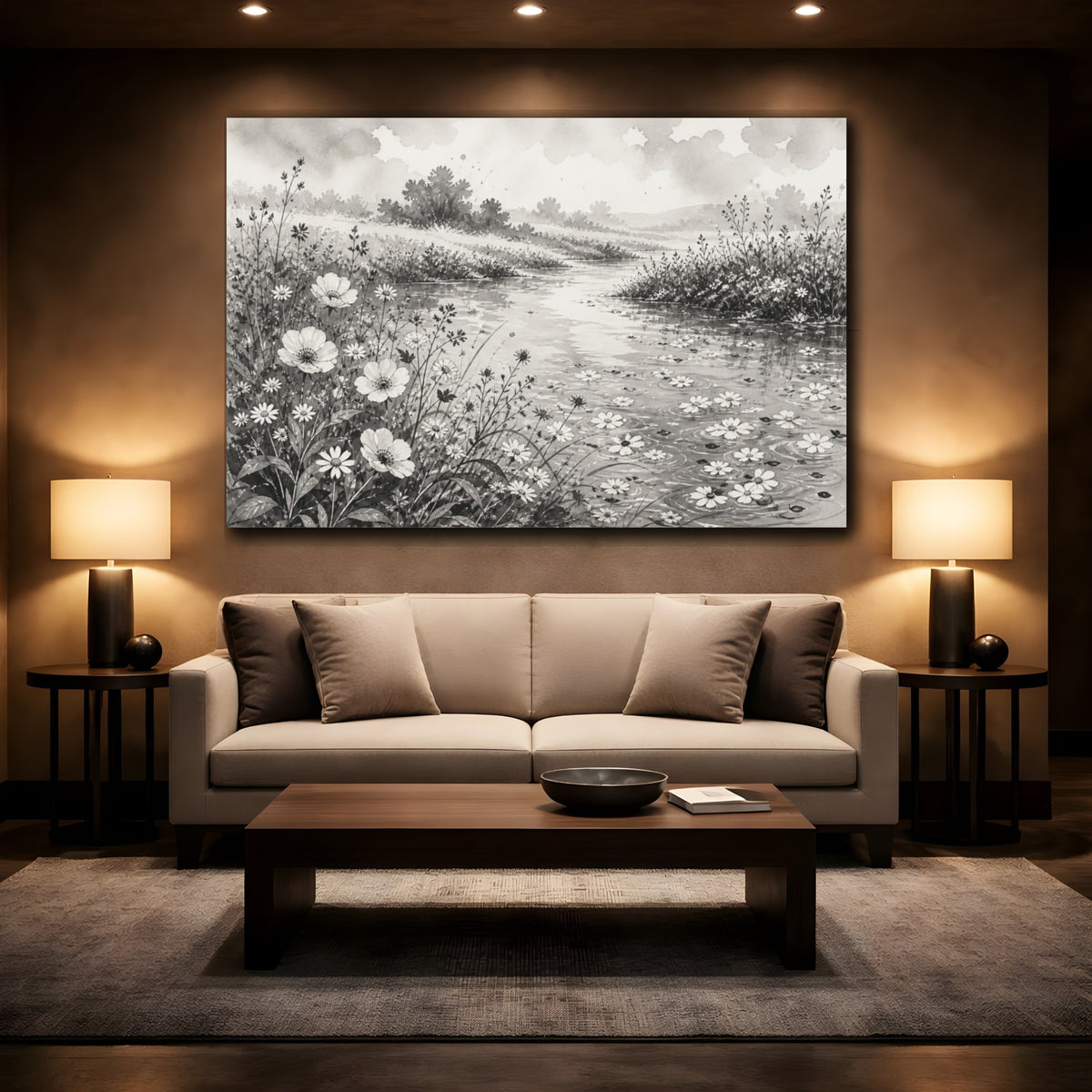 Mockup 2. Misty Riverbank Wildflowers shown as canvas print