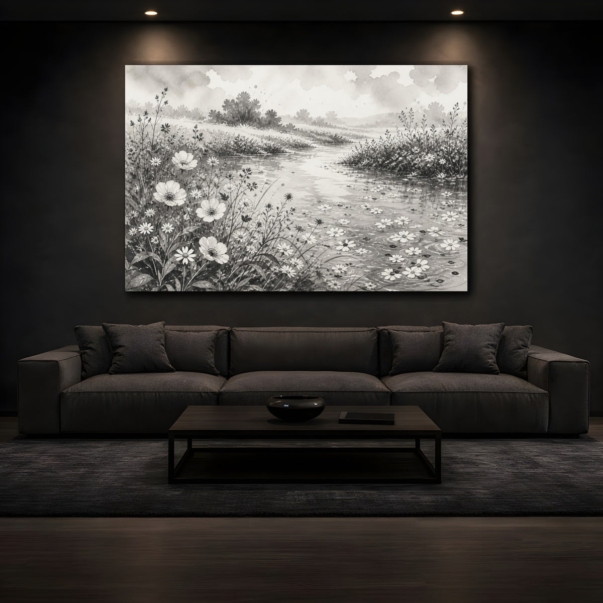 Mockup 3. Misty Riverbank Wildflowers shown as canvas print
