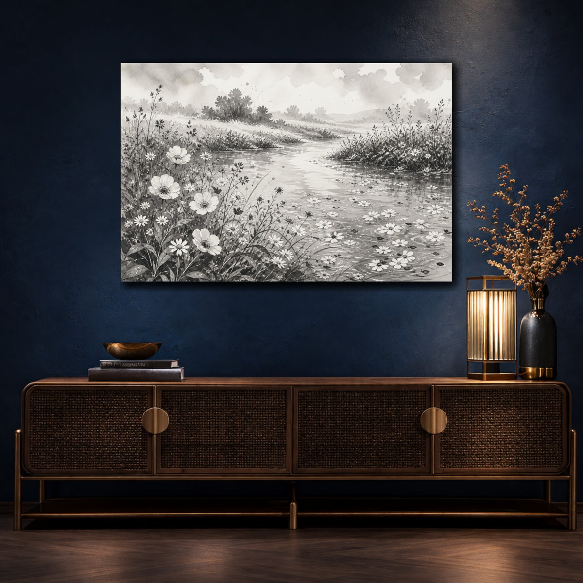 Mockup 4. Misty Riverbank Wildflowers shown as canvas print