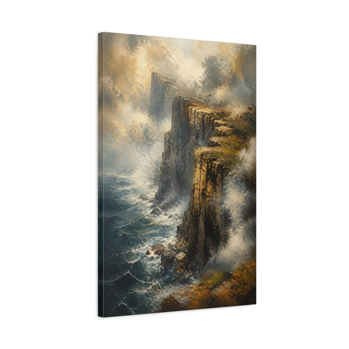 Side Mockup 2. Misty Sea Cliff Edge shown as canvas print
