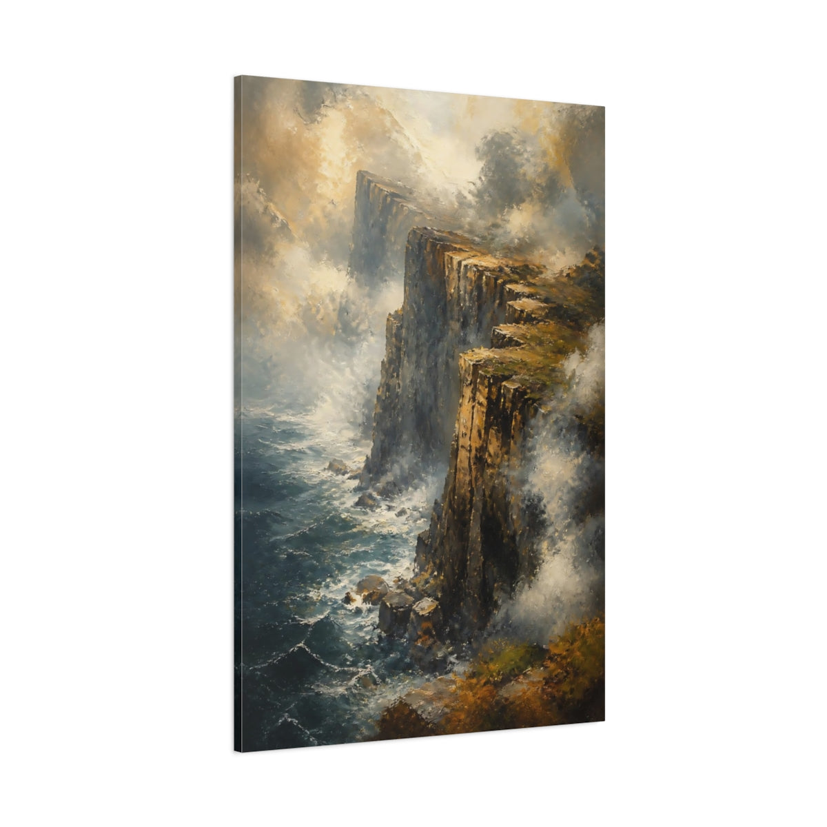Side Mockup 1. Misty Sea Cliff Edge shown as canvas print