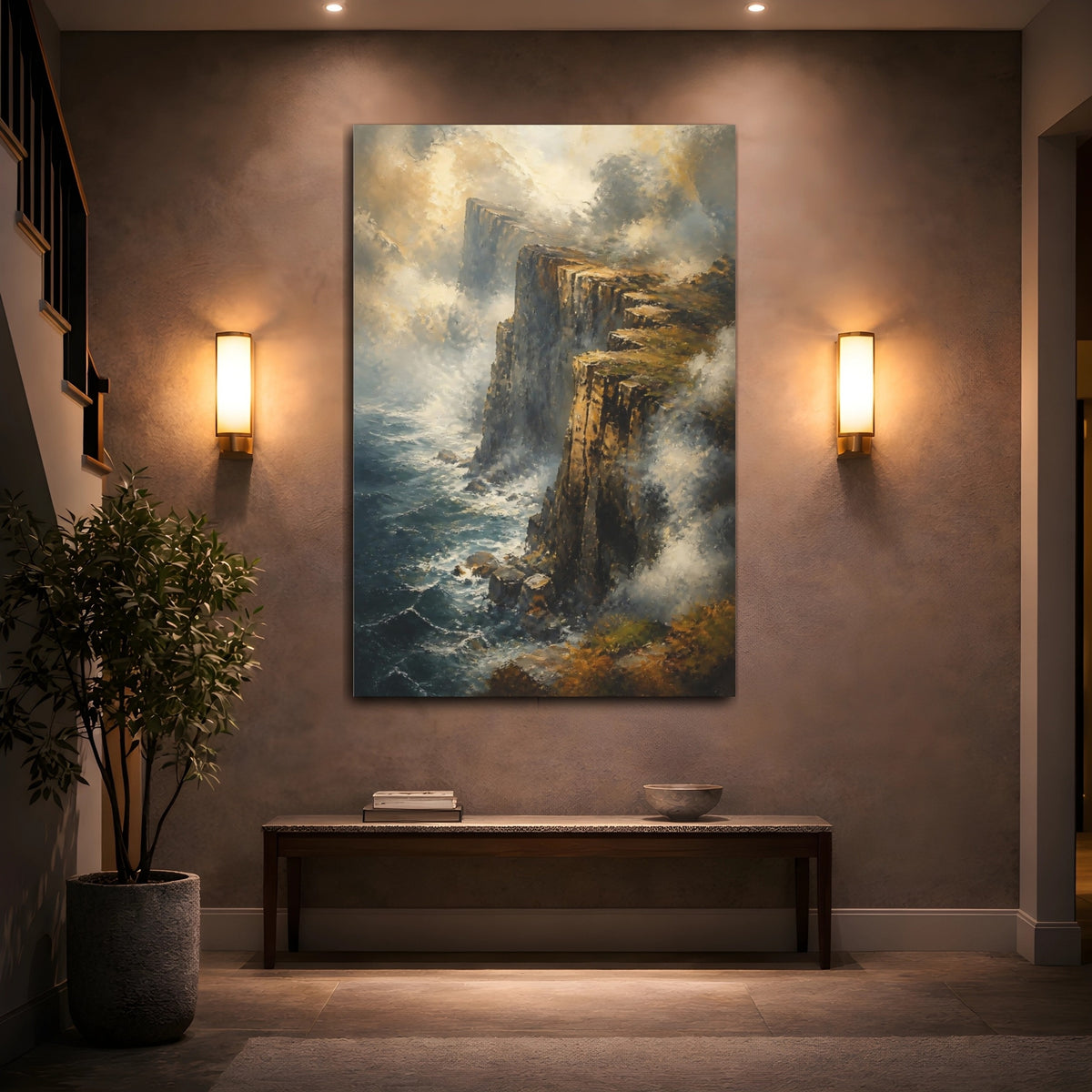 Mockup 2. Misty Sea Cliff Edge shown as canvas print