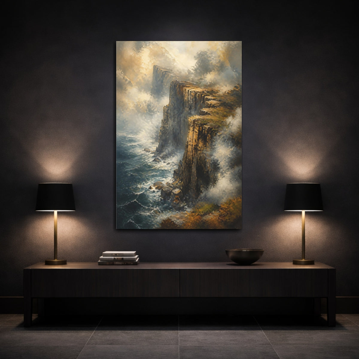 Mockup 3. Misty Sea Cliff Edge shown as canvas print