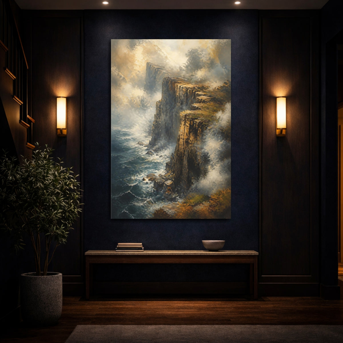 Mockup 4. Misty Sea Cliff Edge shown as canvas print