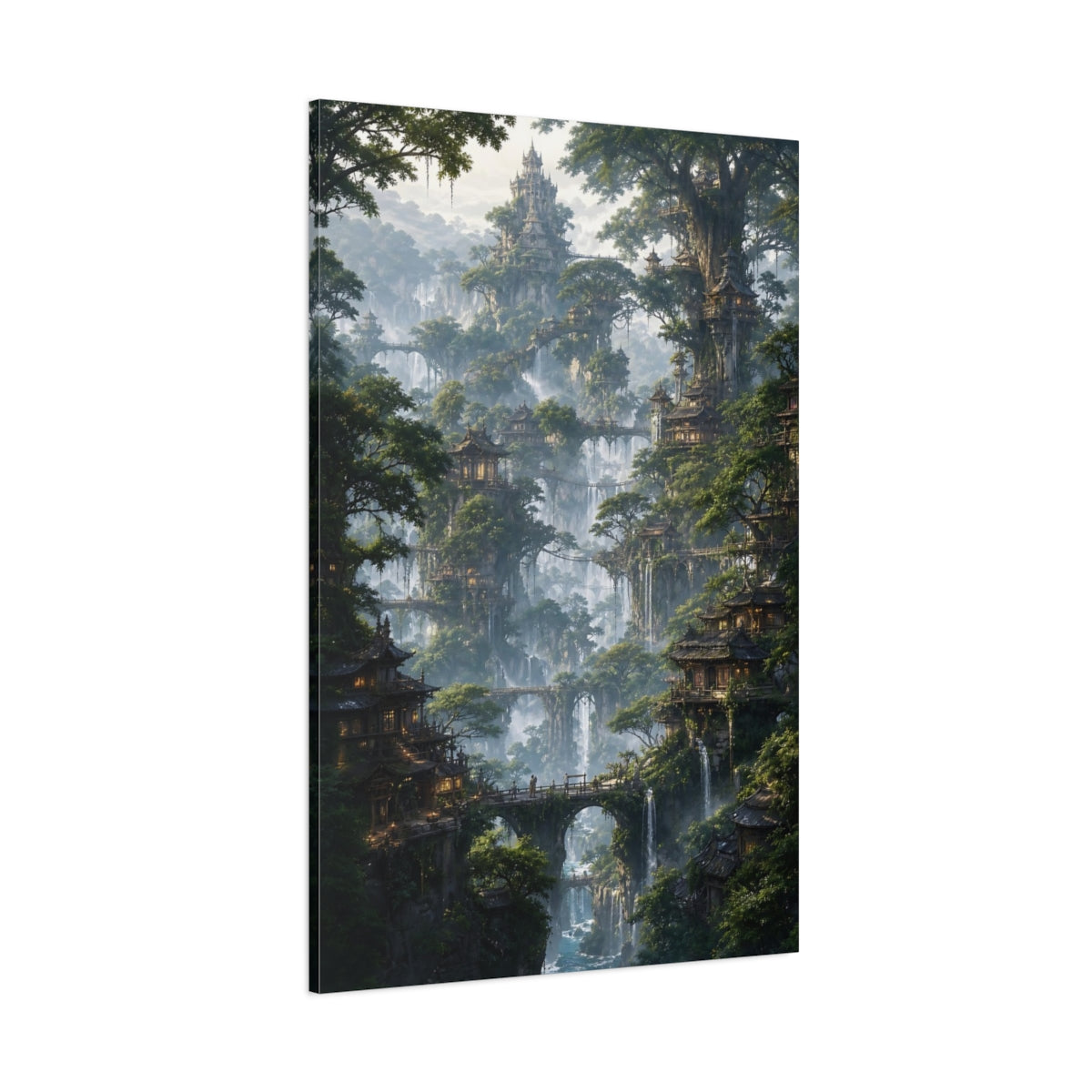 Side Mockup 1. Misty Tree City shown as canvas print