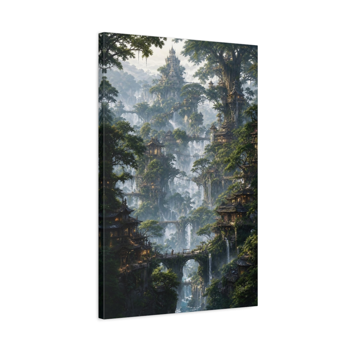 Side Mockup 2. Misty Tree City shown as canvas print