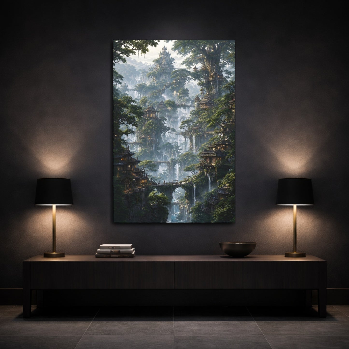 Mockup 3. Misty Tree City shown as canvas print