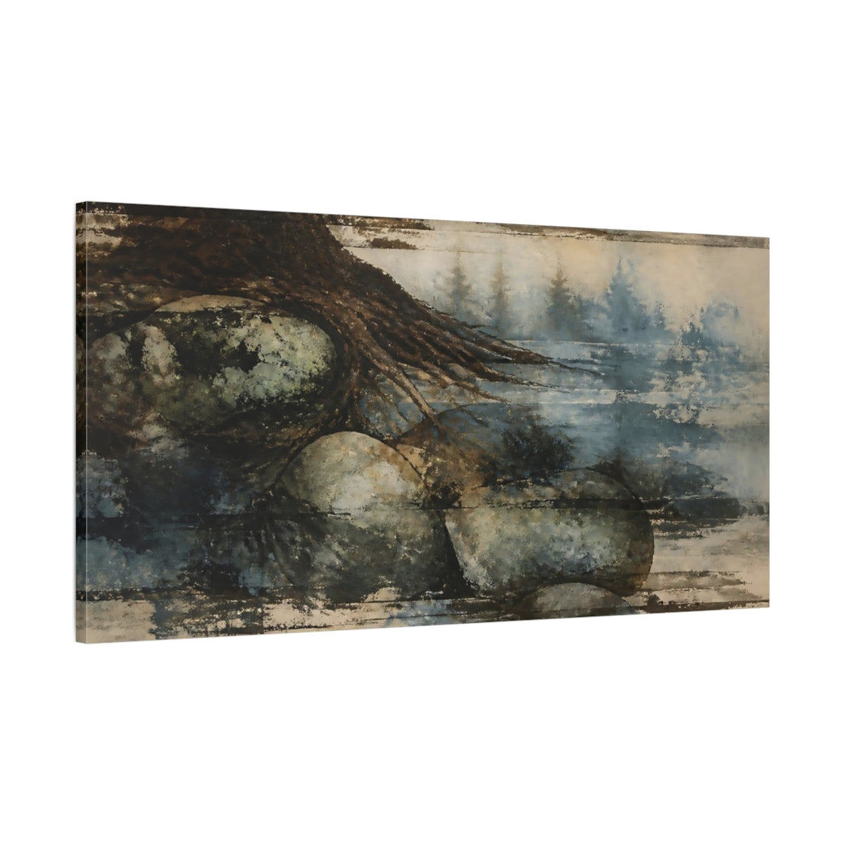 Main Mockup. Misty Tree Roots shown as canvas print