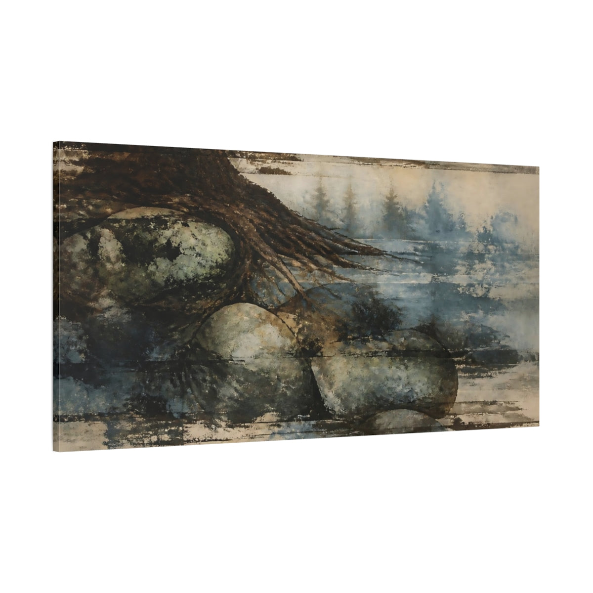 Side Mockup 2. Misty Tree Roots shown as canvas print