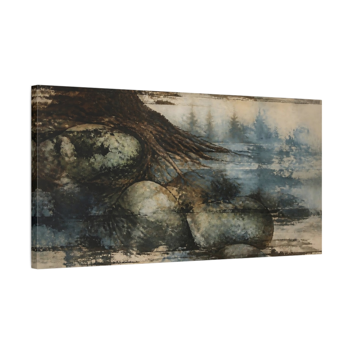 Side Mockup 1. Misty Tree Roots shown as canvas print