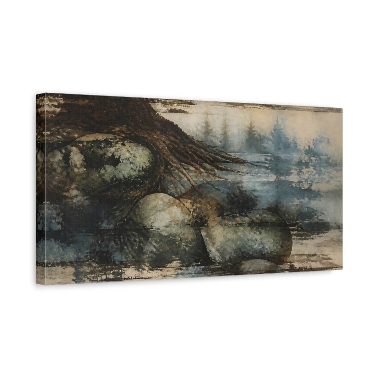 Side Mockup 3. Misty Tree Roots shown as canvas print