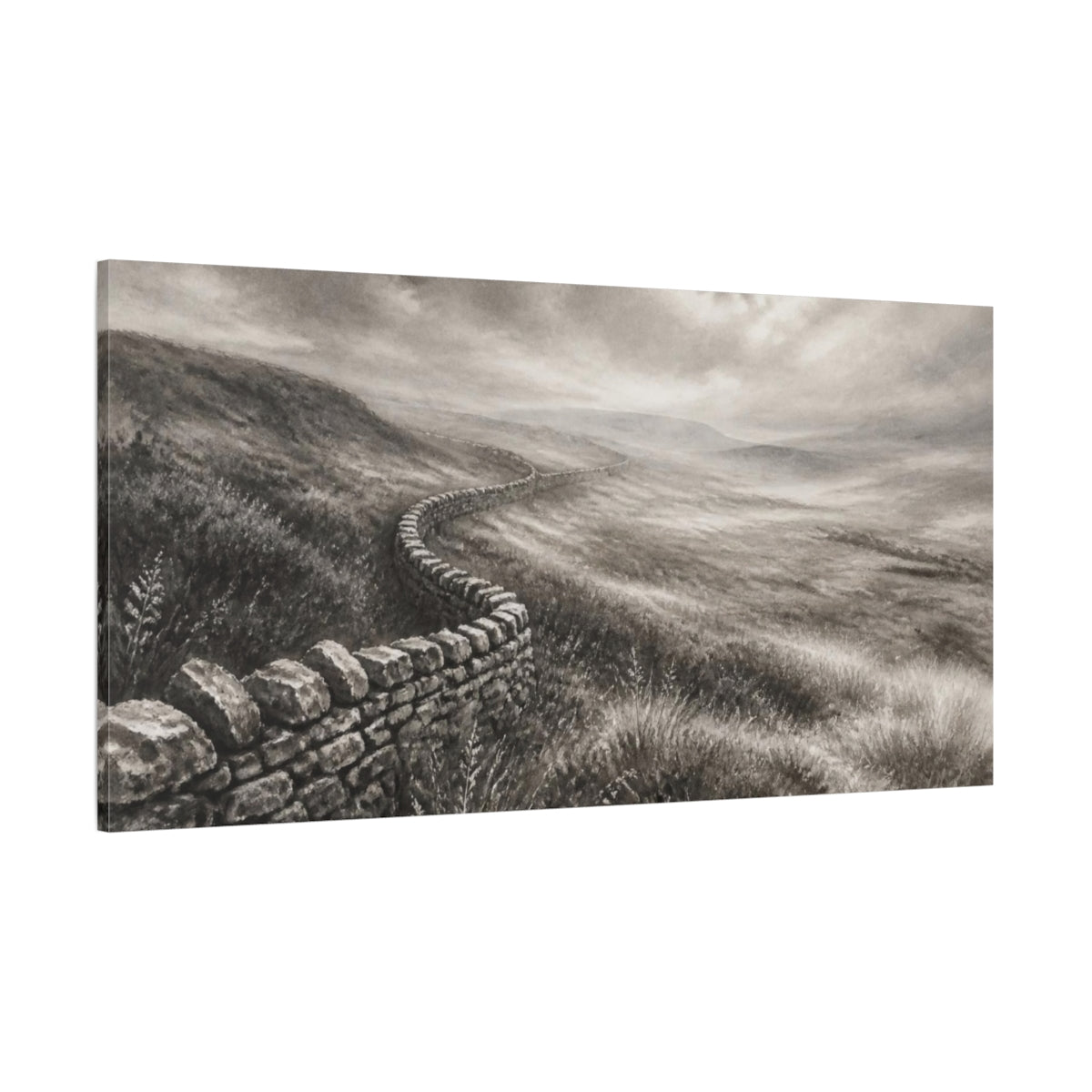 Side Mockup 2. Misty Upland Stone Wall shown as canvas print