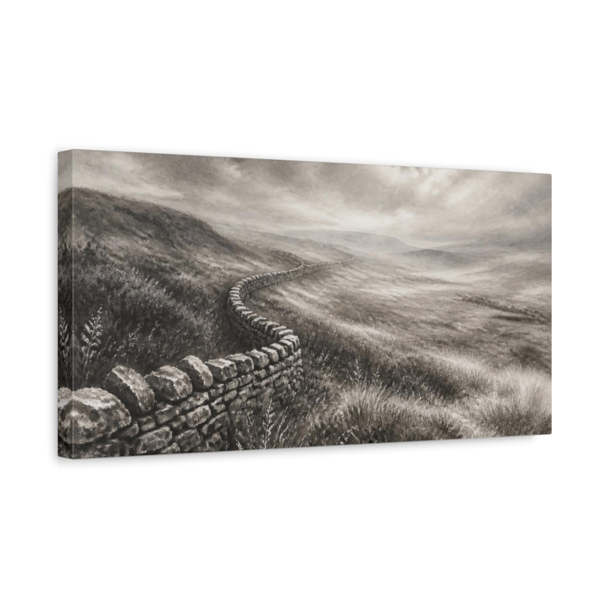Side Mockup 3. Misty Upland Stone Wall shown as canvas print