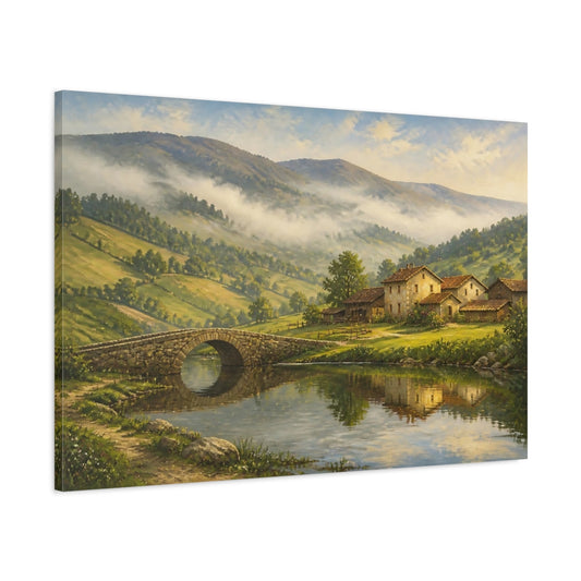 Main Mockup. Misty Valley Village shown as canvas print