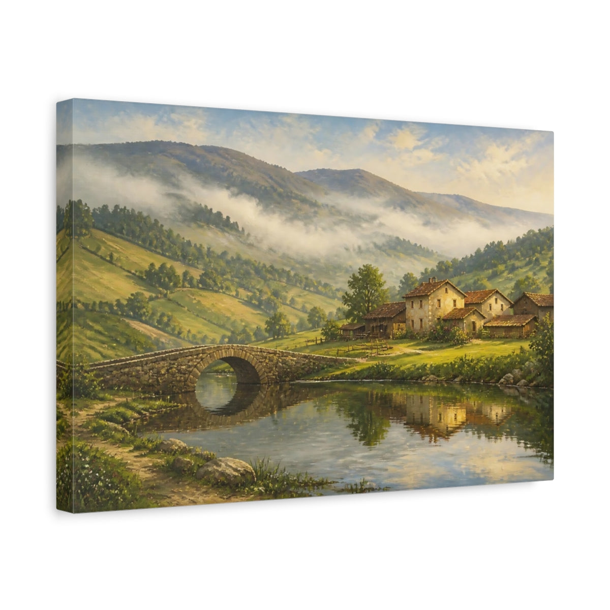 Side Mockup 4. Misty Valley Village shown as canvas print