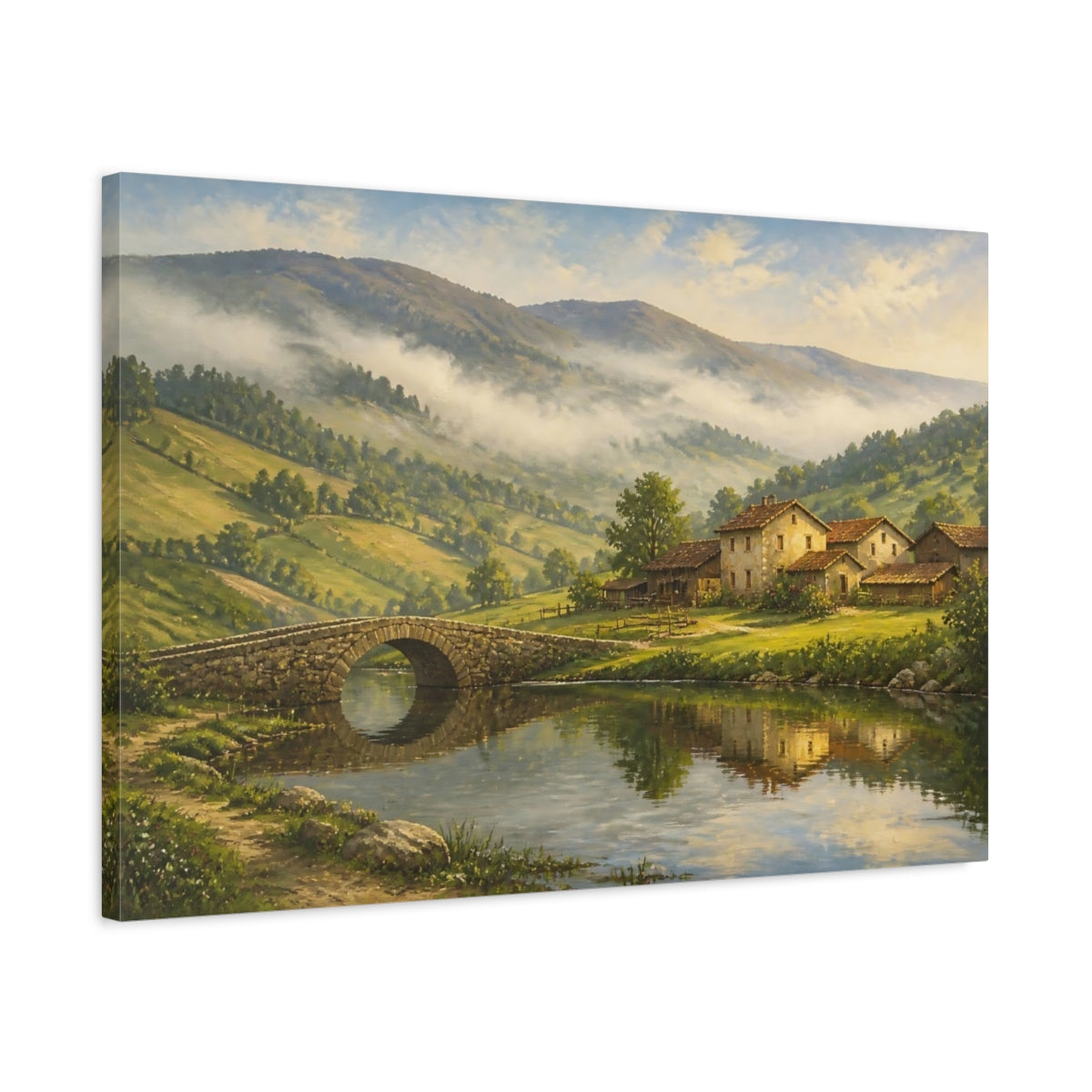 Side Mockup 2. Misty Valley Village shown as canvas print