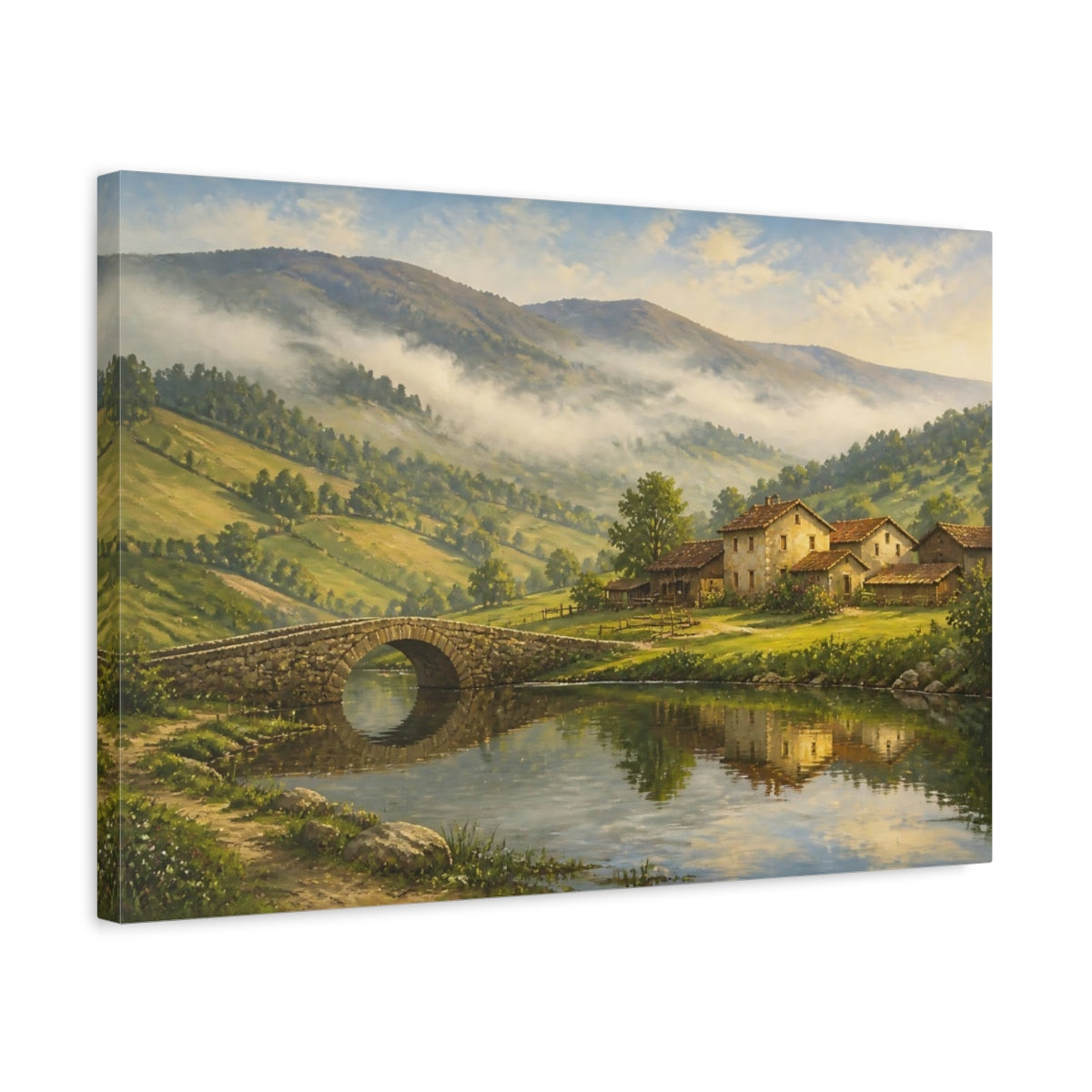 Side Mockup 3. Misty Valley Village shown as canvas print