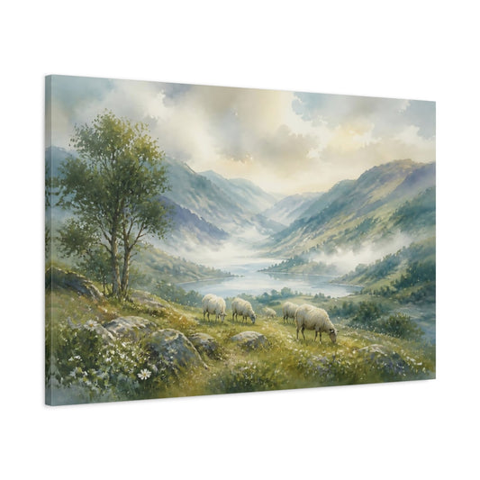 Main Mockup. Misty Valley With Grazing Sheep shown as canvas print