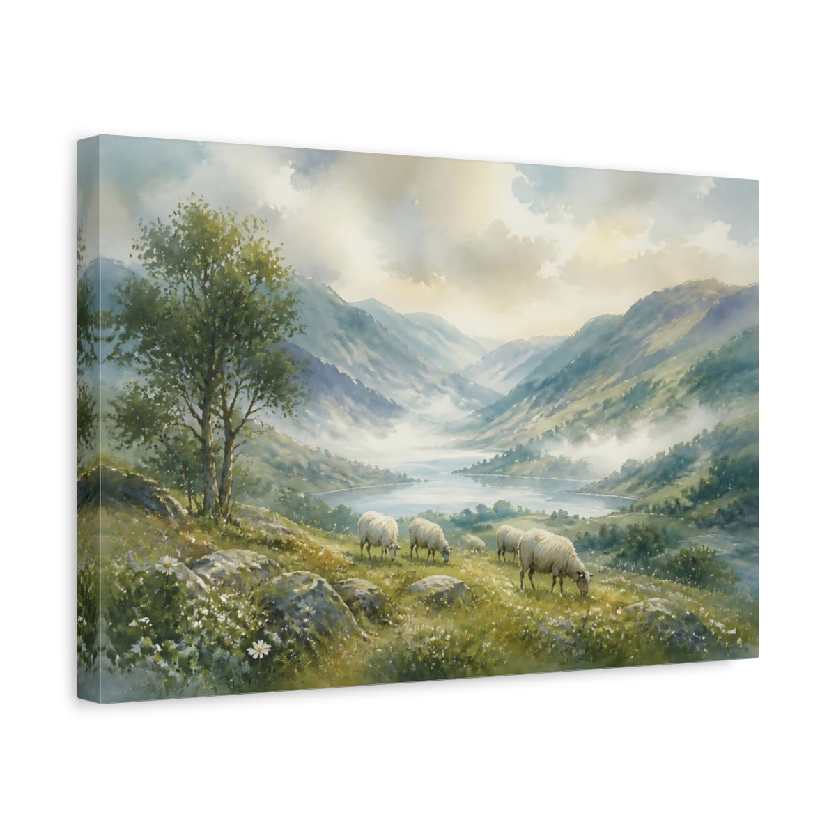 Side Mockup 4. Misty Valley With Grazing Sheep shown as canvas print