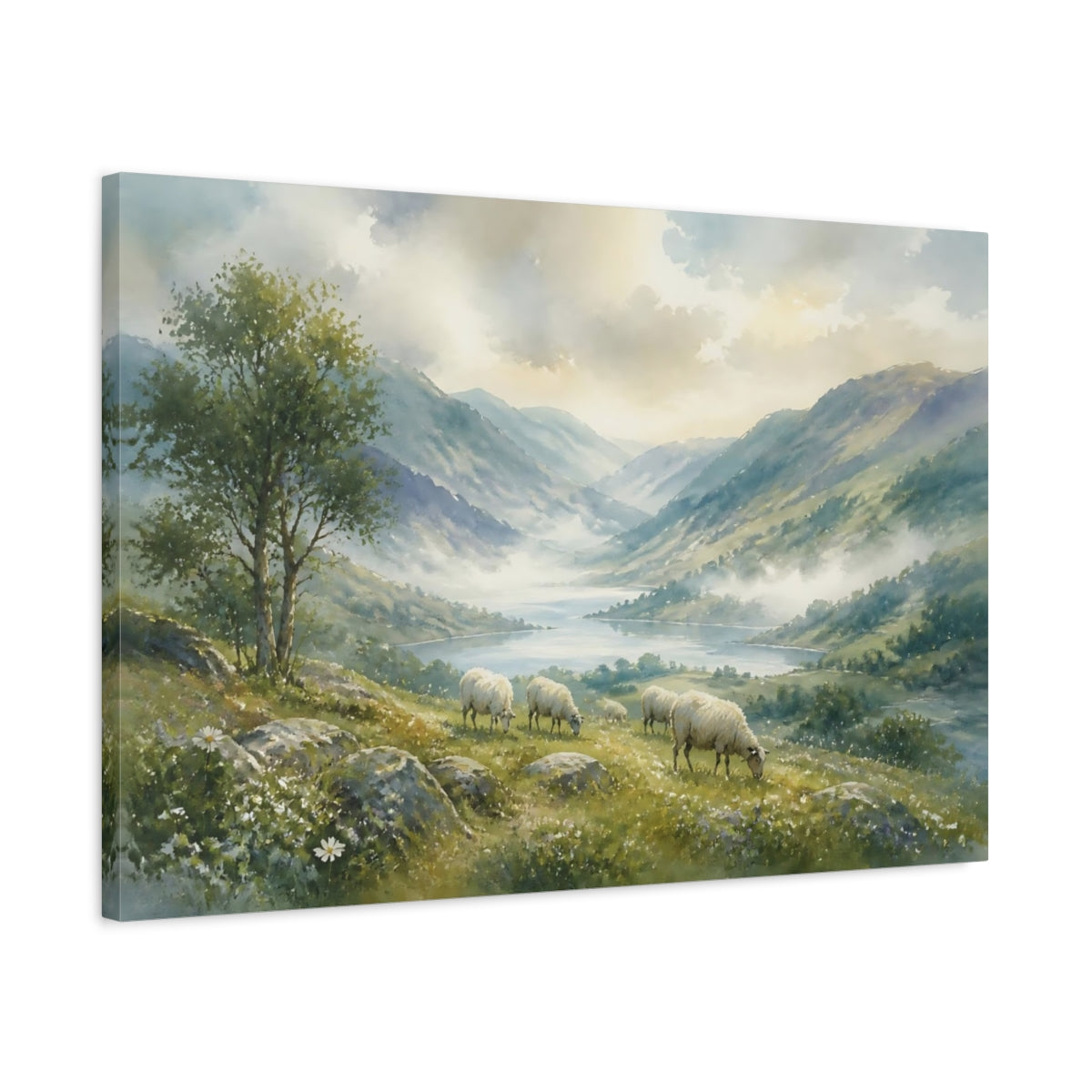 Side Mockup 2. Misty Valley With Grazing Sheep shown as canvas print