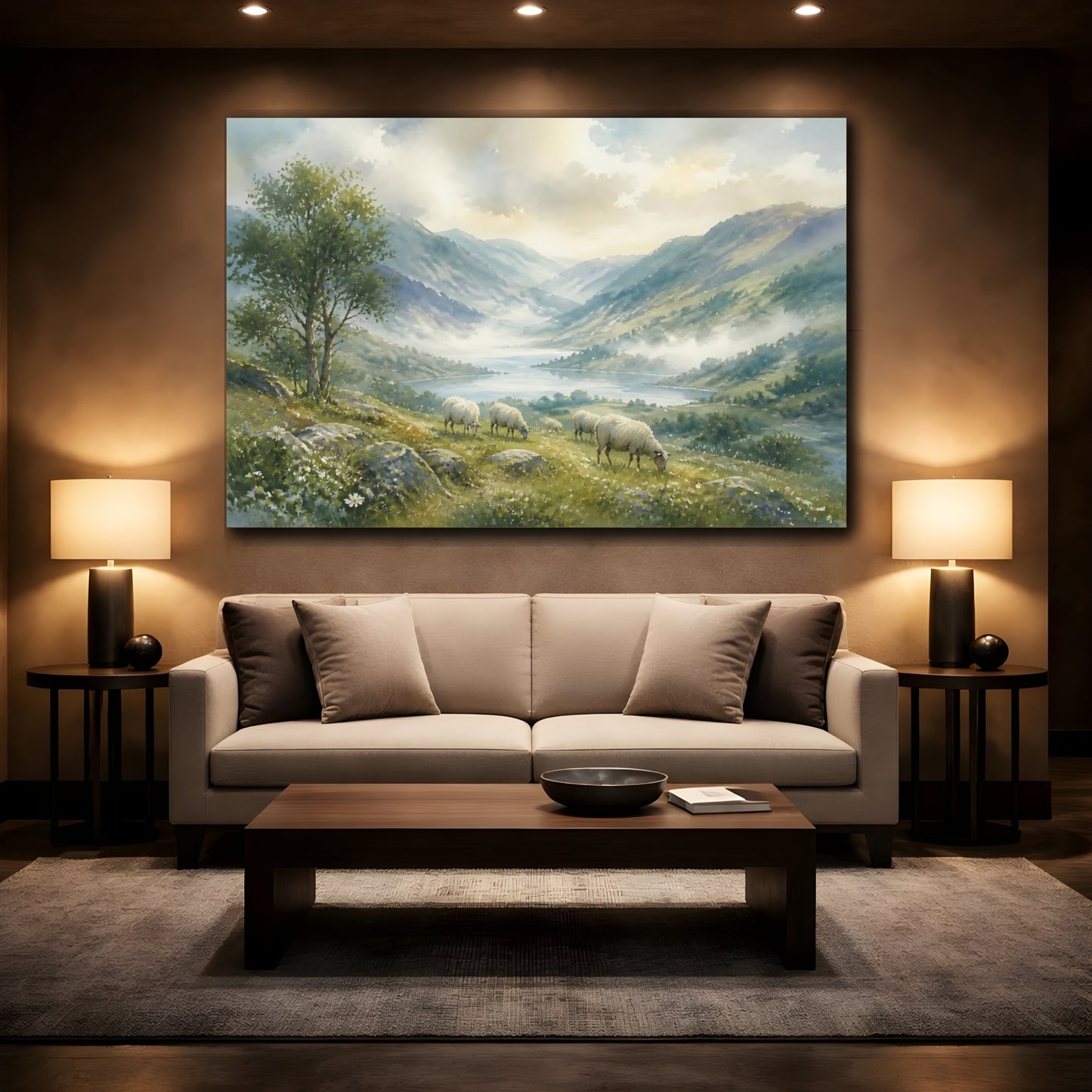 Mockup 2. Misty Valley With Grazing Sheep shown as canvas print