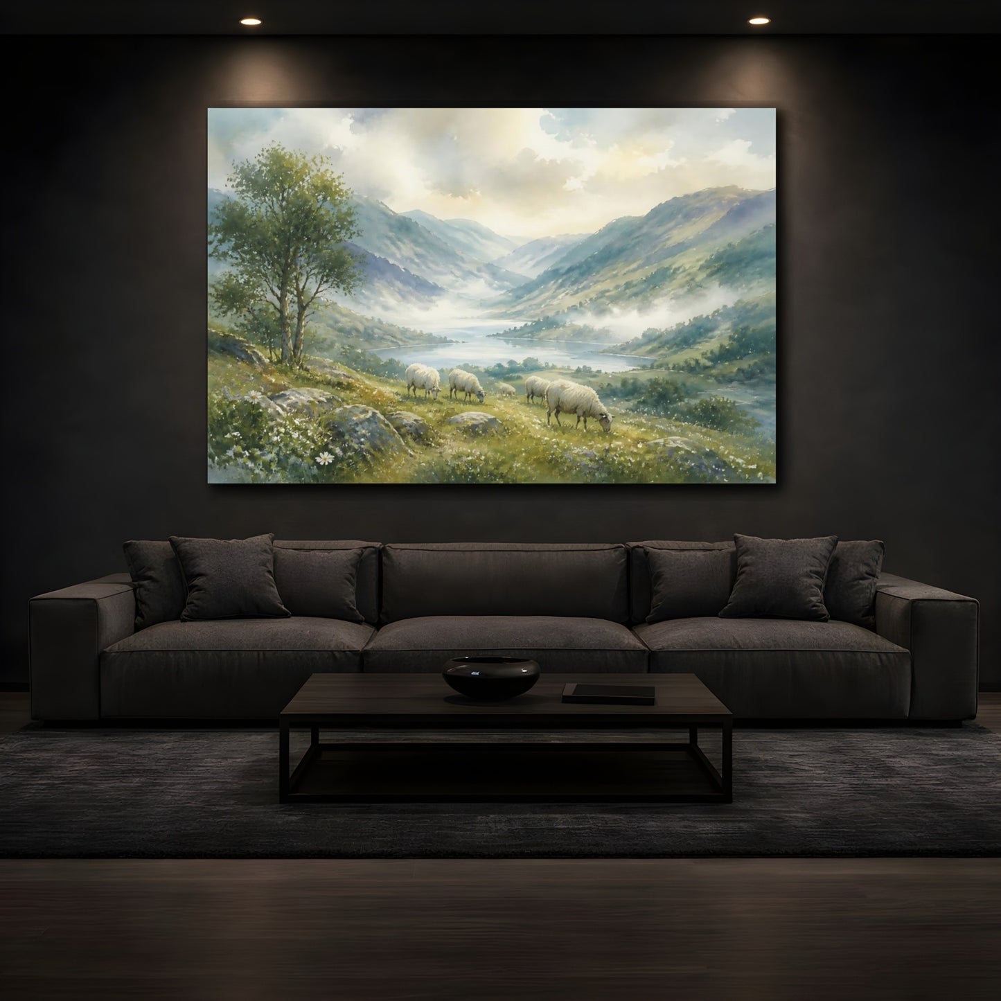 Mockup 3. Misty Valley With Grazing Sheep shown as canvas print