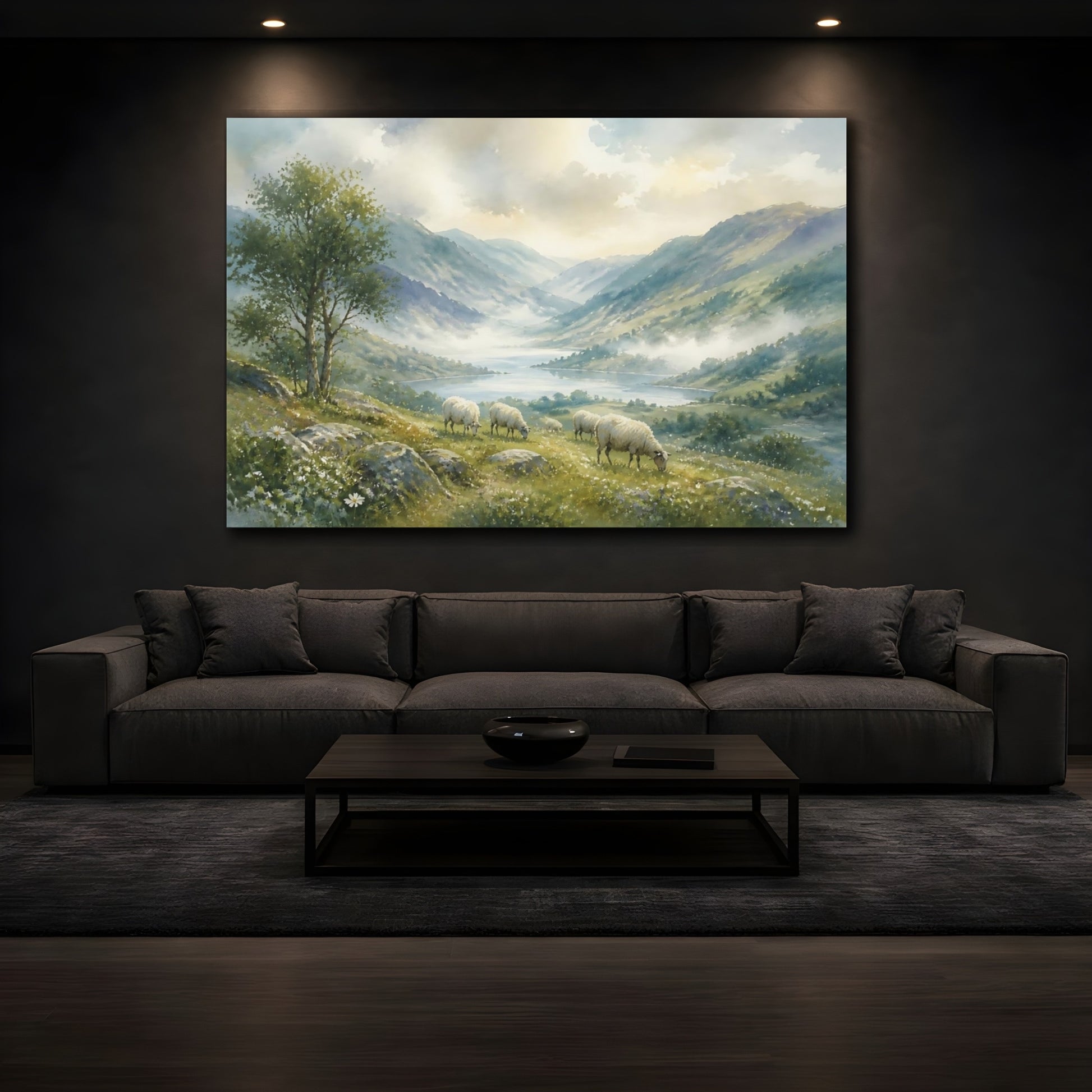Mockup 3. Misty Valley With Grazing Sheep shown as canvas print
