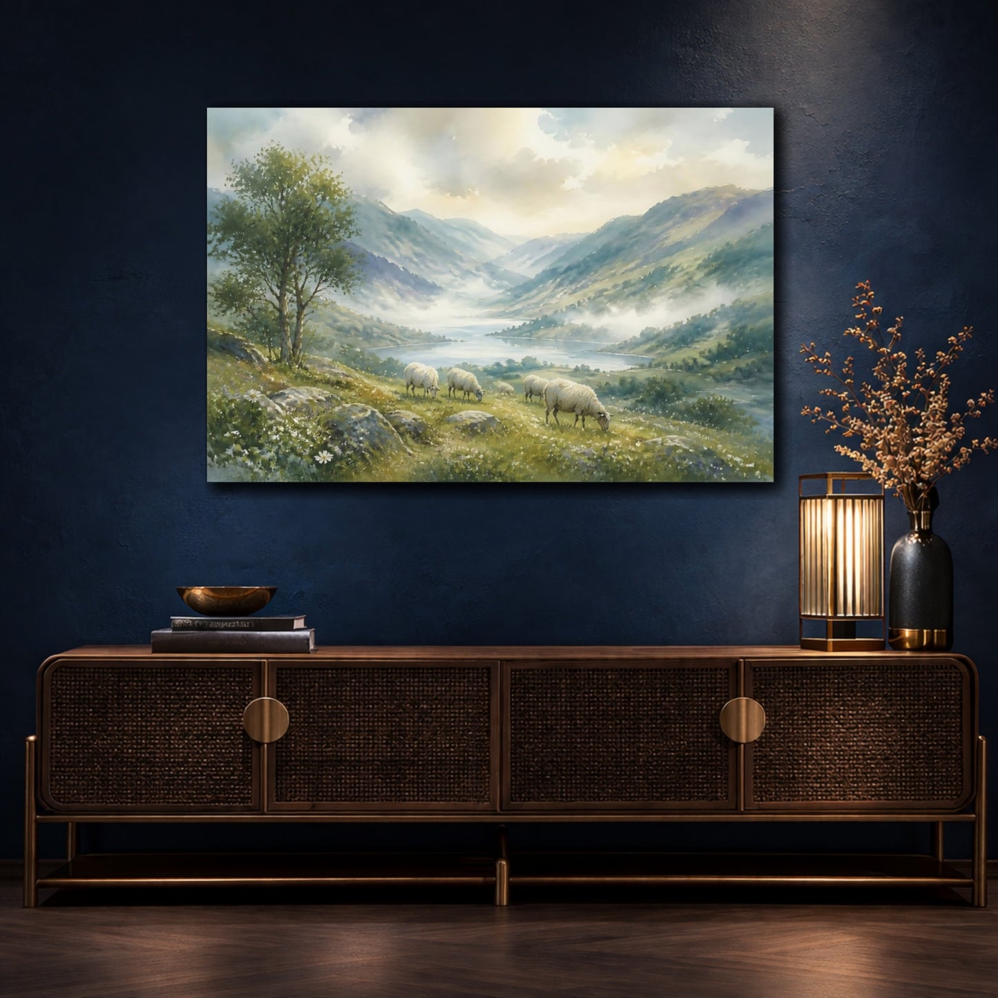 Mockup 4. Misty Valley With Grazing Sheep shown as canvas print