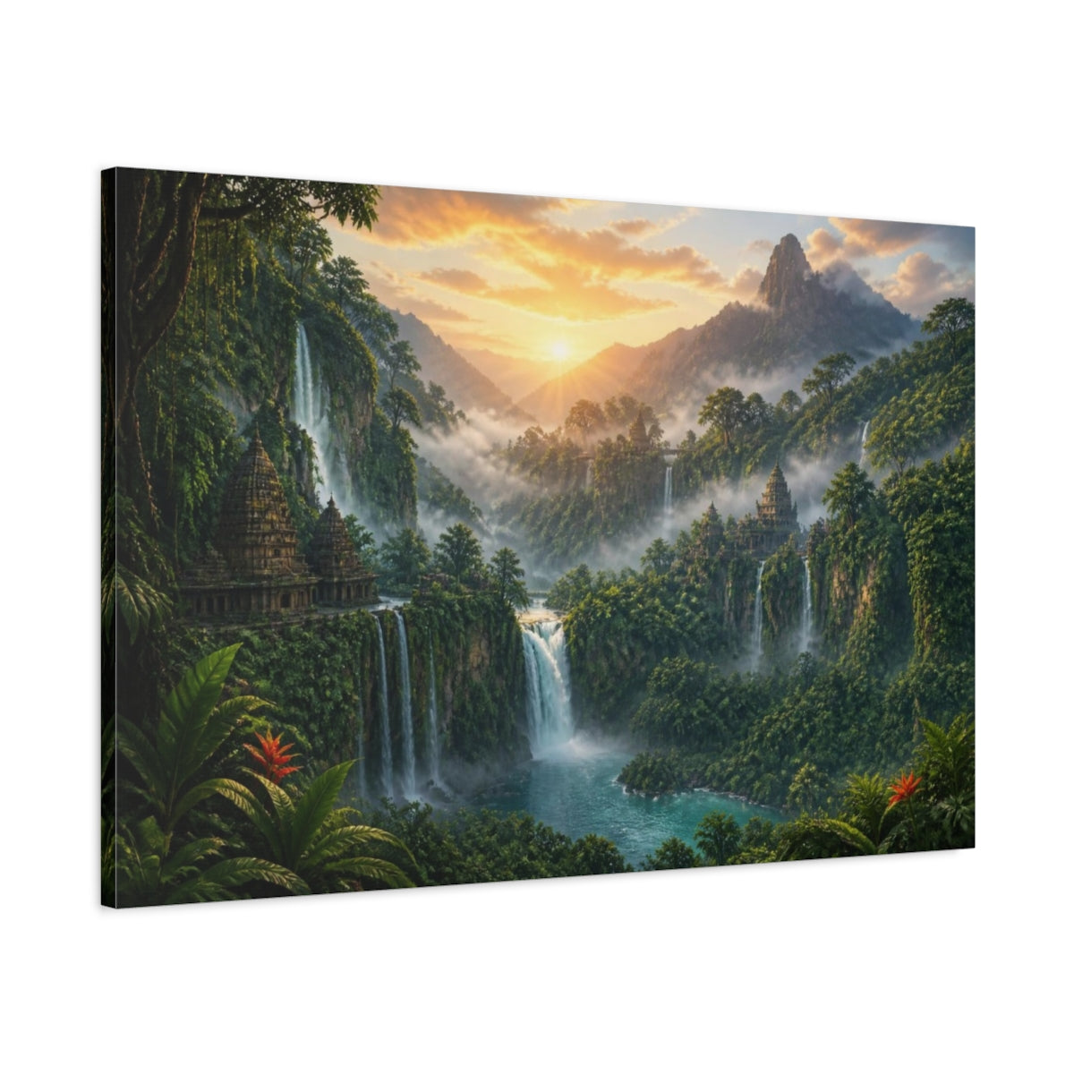 Main Mockup. Misty Waterfall Landscape shown as canvas print