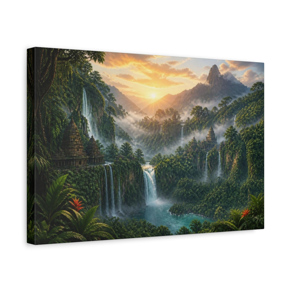 Side Mockup 4. Misty Waterfall Landscape shown as canvas print