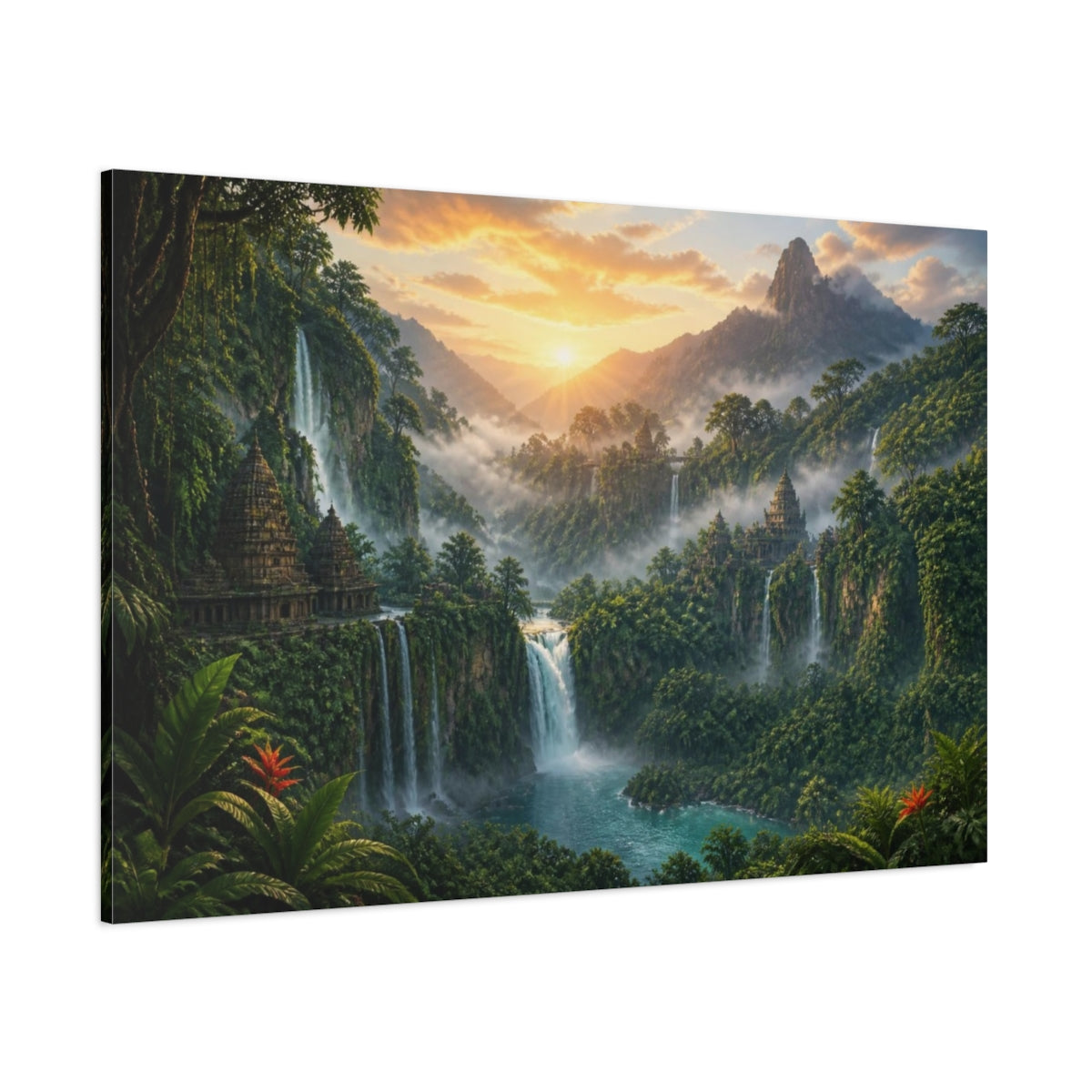 Side Mockup 1. Misty Waterfall Landscape shown as canvas print
