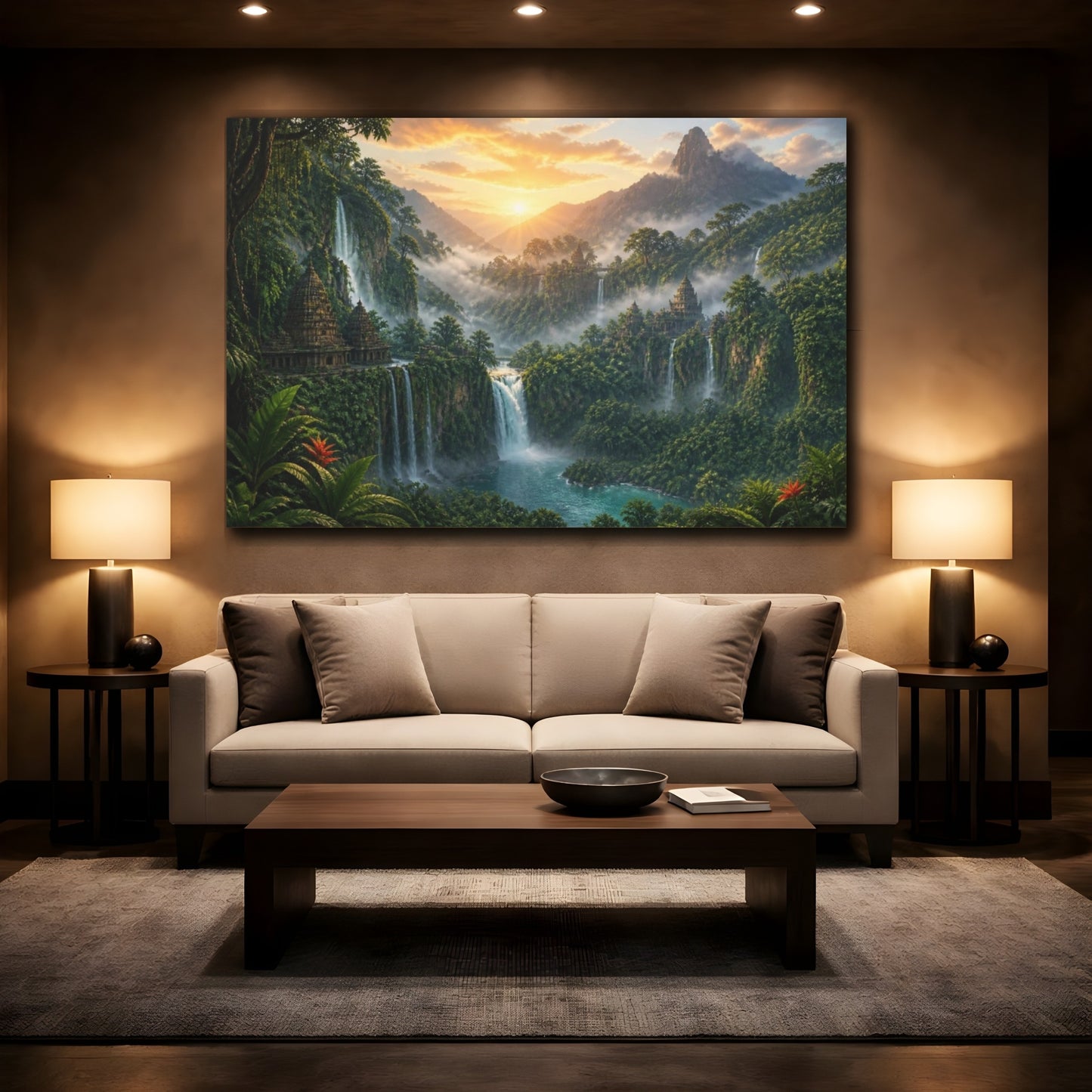 Mockup 2. Misty Waterfall Landscape shown as canvas print