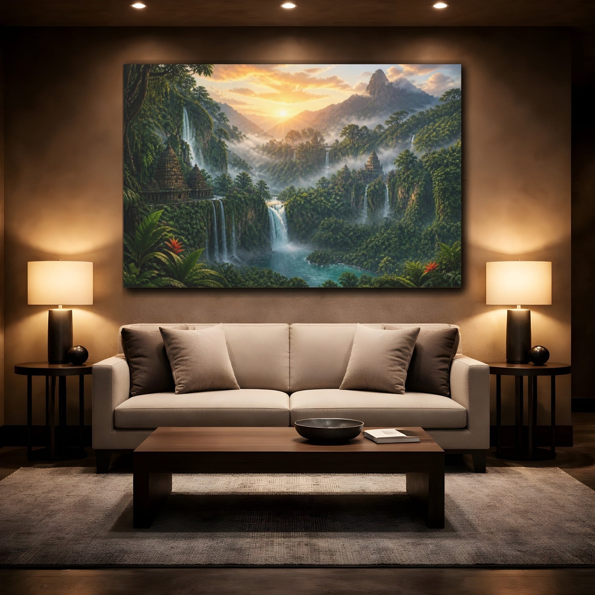 Mockup 2. Misty Waterfall Landscape shown as canvas print