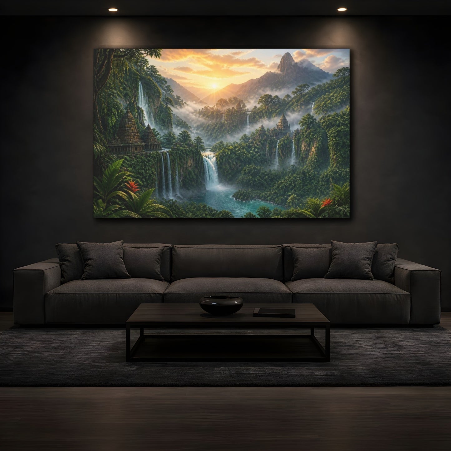 Mockup 3. Misty Waterfall Landscape shown as canvas print