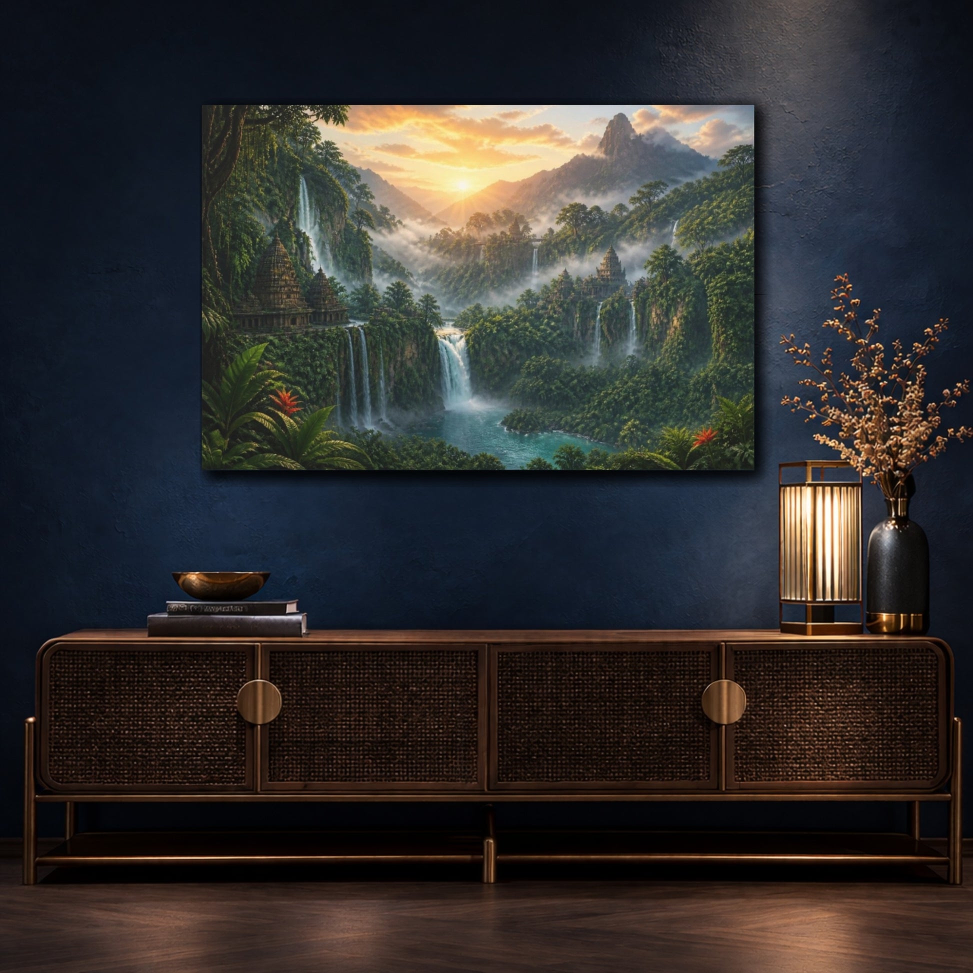 Mockup 4. Misty Waterfall Landscape shown as canvas print