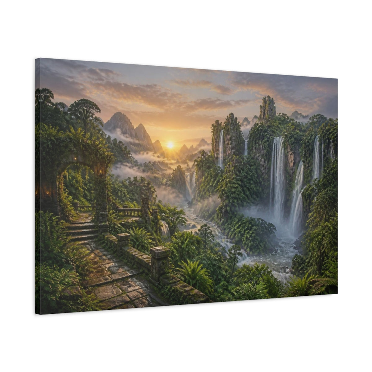 Main Mockup. Misty Waterfall Landscape Sunrise shown as canvas print