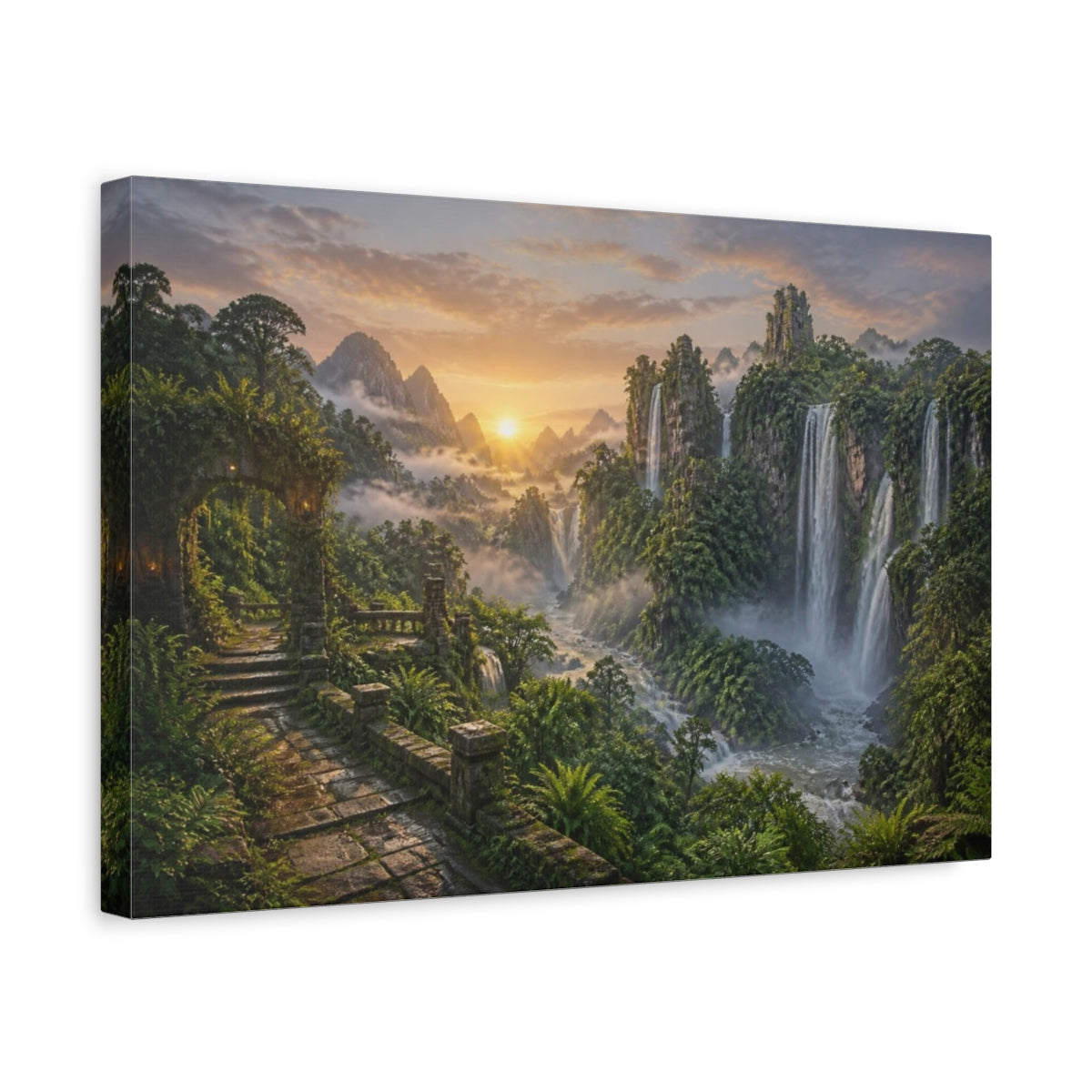 Side Mockup 4. Misty Waterfall Landscape Sunrise shown as canvas print