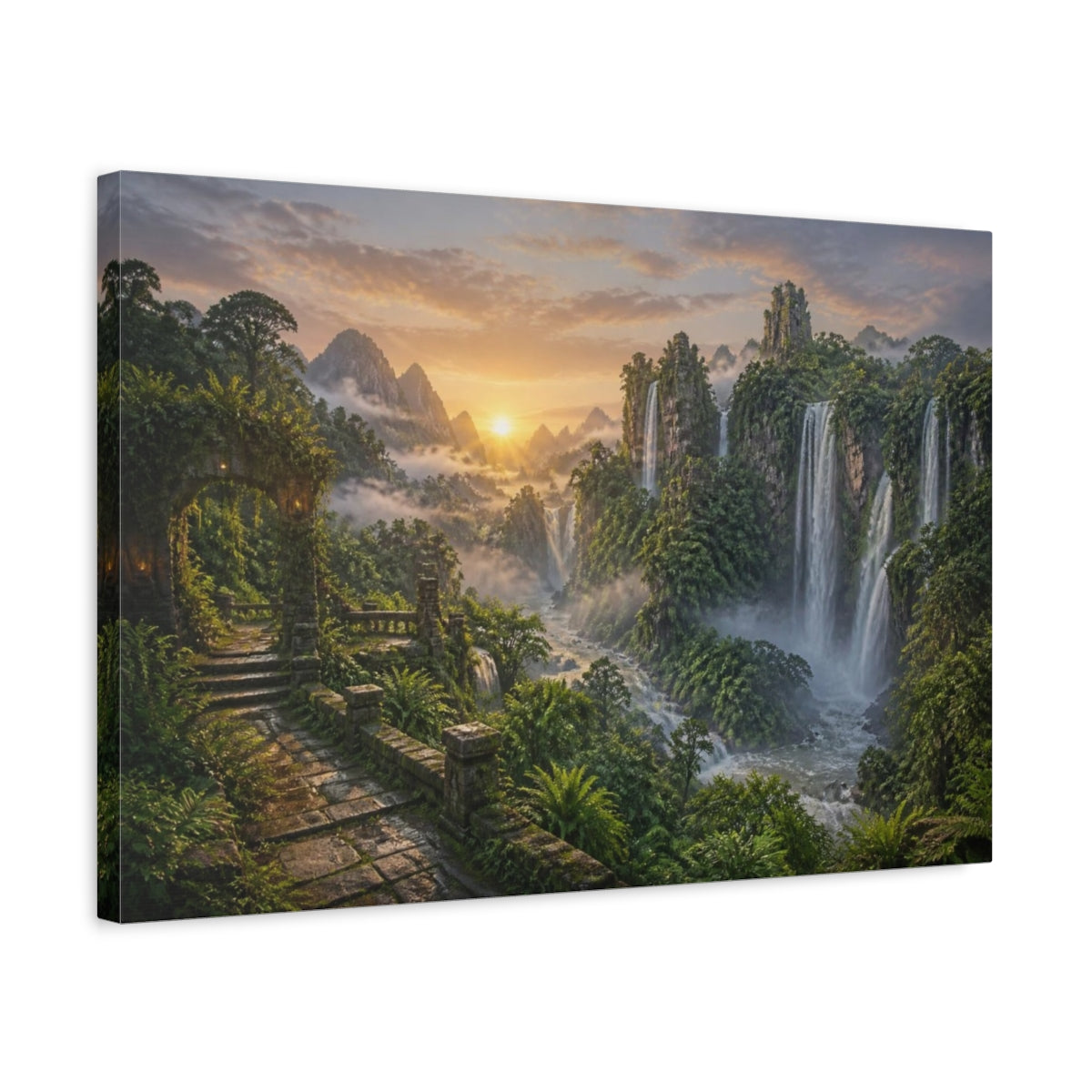 Side Mockup 3. Misty Waterfall Landscape Sunrise shown as canvas print