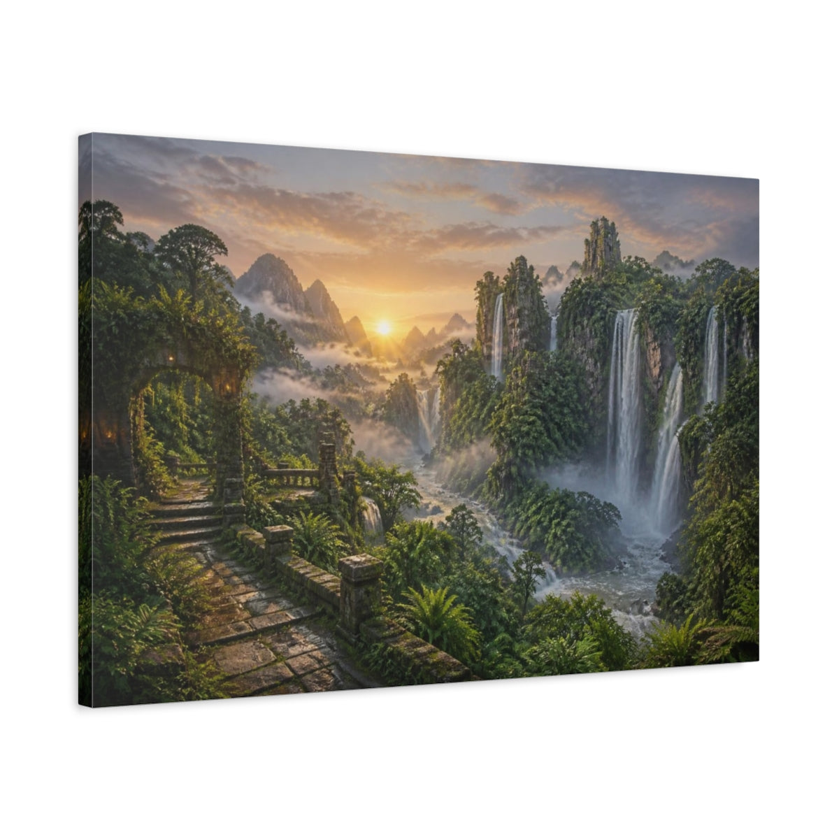 Side Mockup 2. Misty Waterfall Landscape Sunrise shown as canvas print