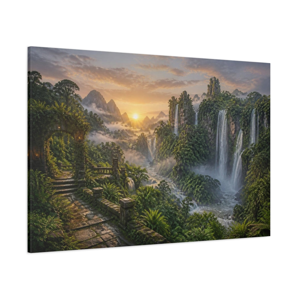 Side Mockup 1. Misty Waterfall Landscape Sunrise shown as canvas print