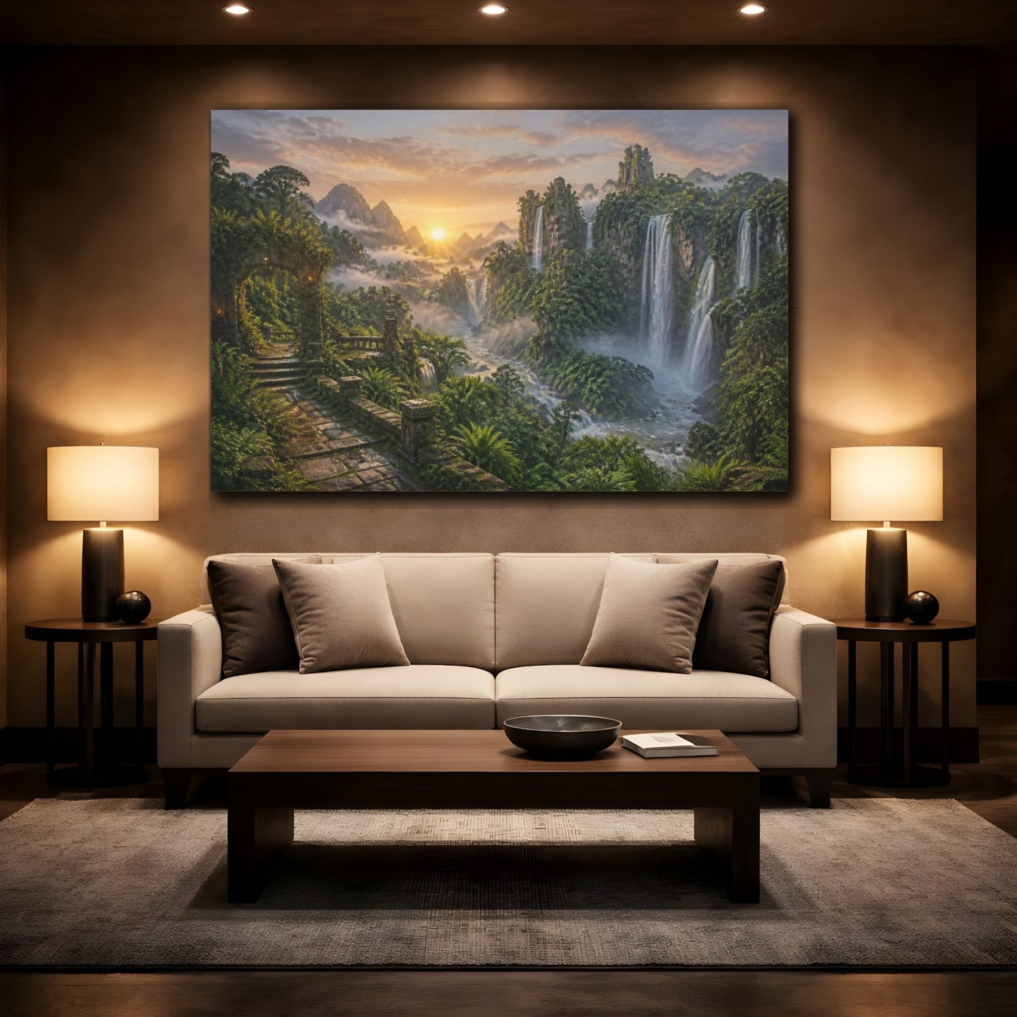 Mockup 2. Misty Waterfall Landscape Sunrise shown as canvas print