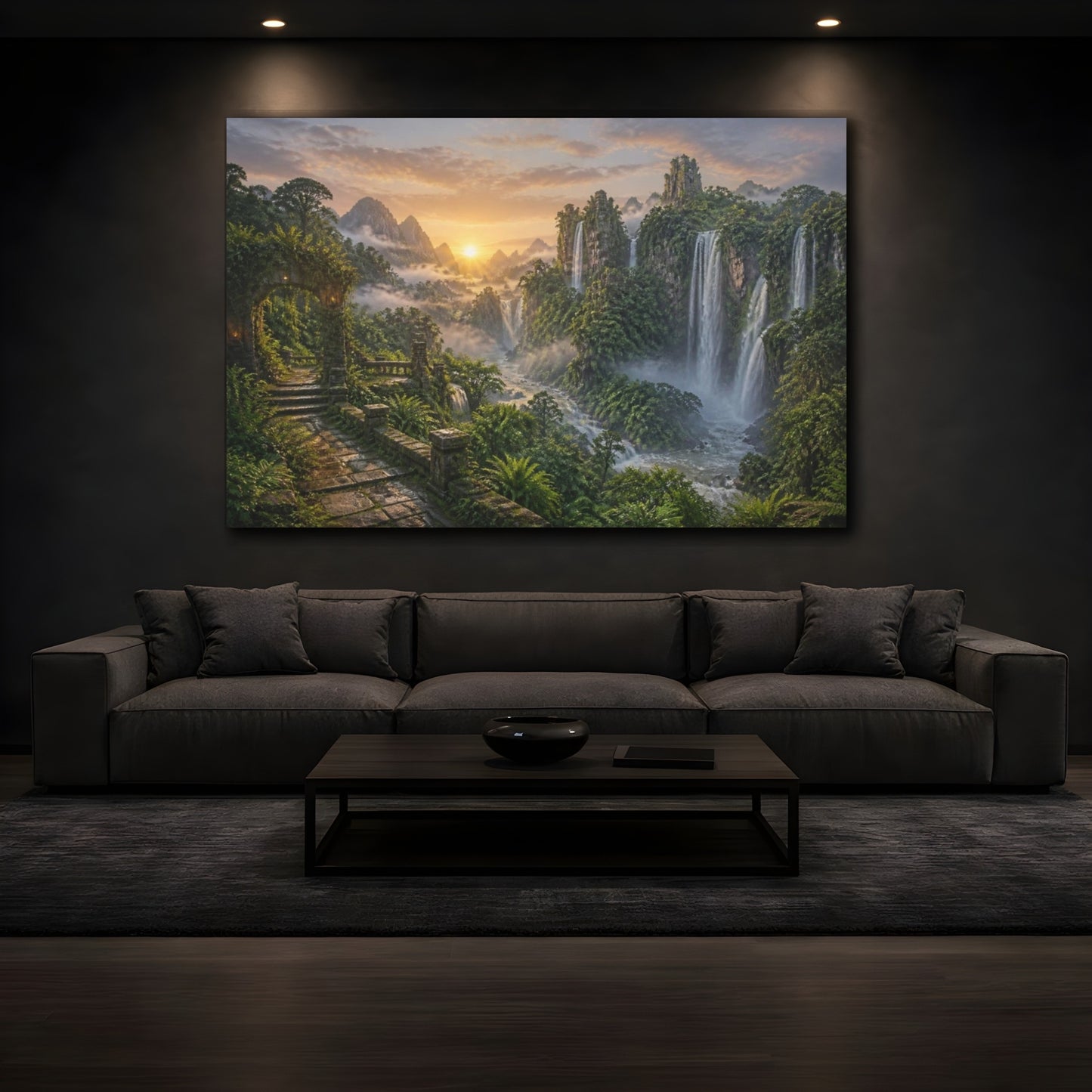 Mockup 3. Misty Waterfall Landscape Sunrise shown as canvas print