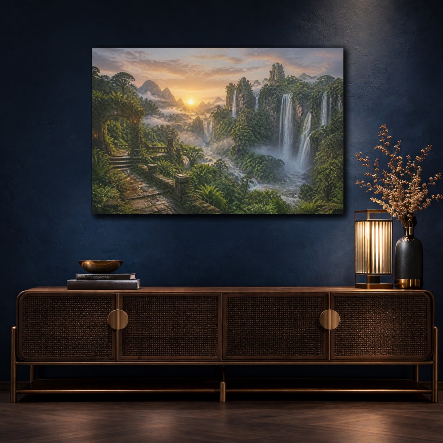 Mockup 4. Misty Waterfall Landscape Sunrise shown as canvas print