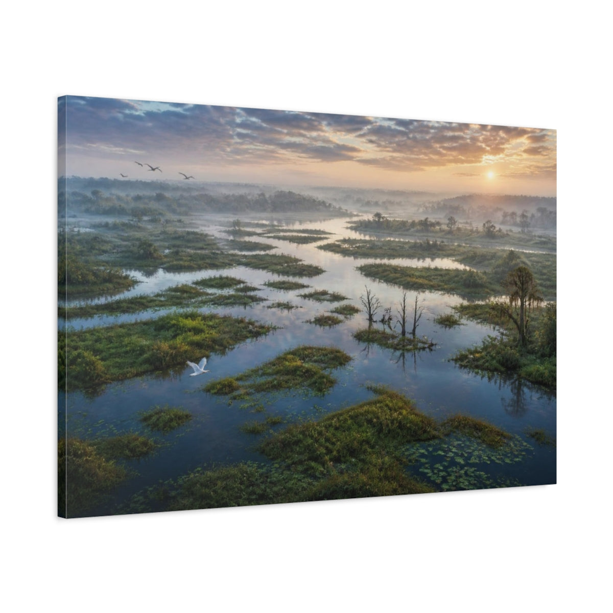 Main Mockup. Misty Wetland Sunrise shown as canvas print