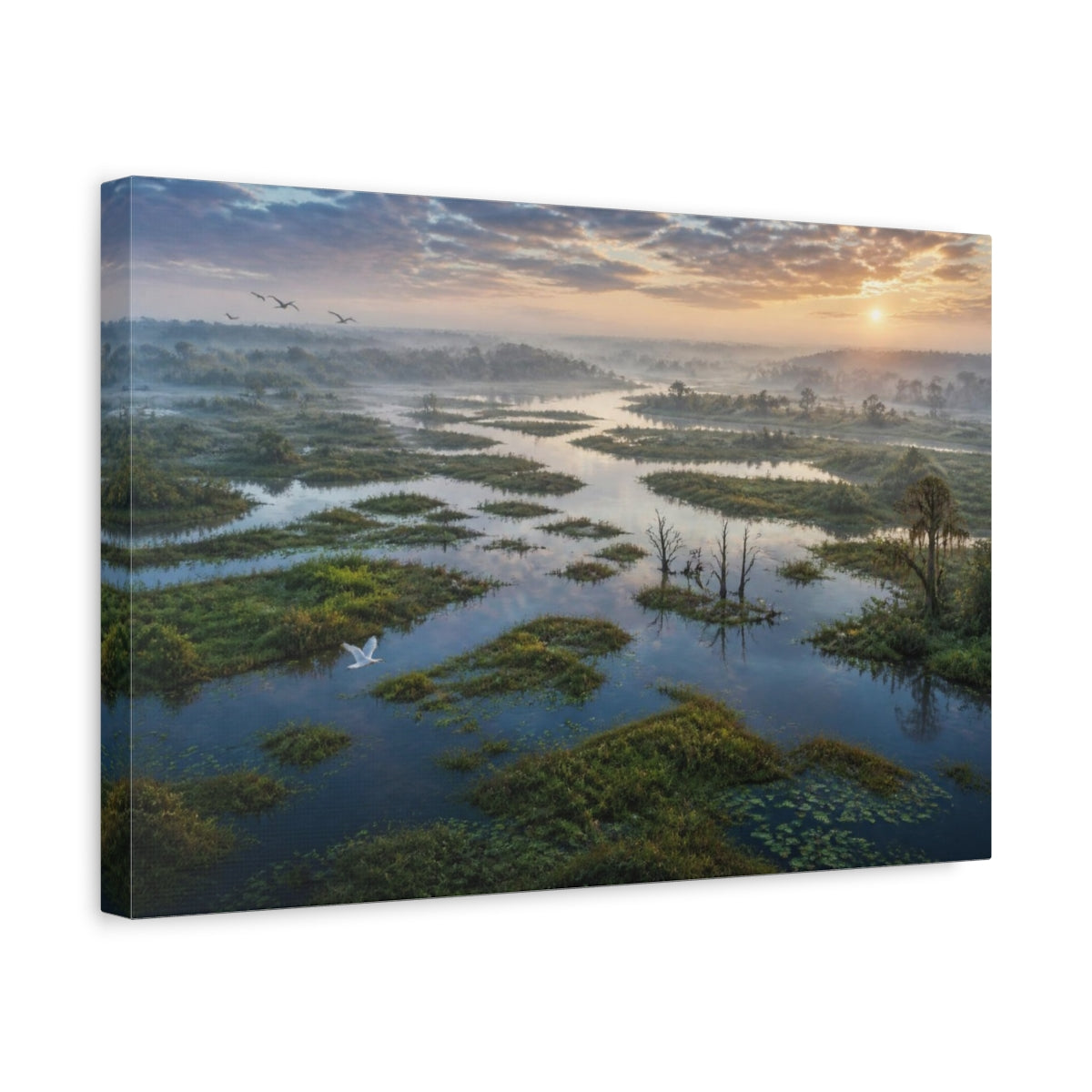 Side Mockup 4. Misty Wetland Sunrise shown as canvas print