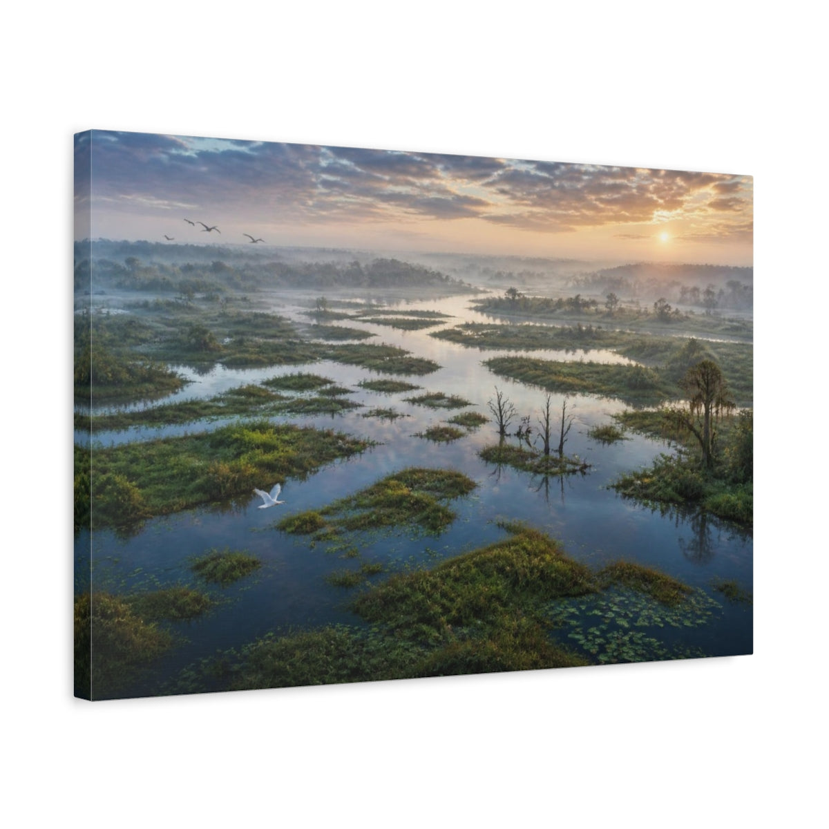 Side Mockup 3. Misty Wetland Sunrise shown as canvas print