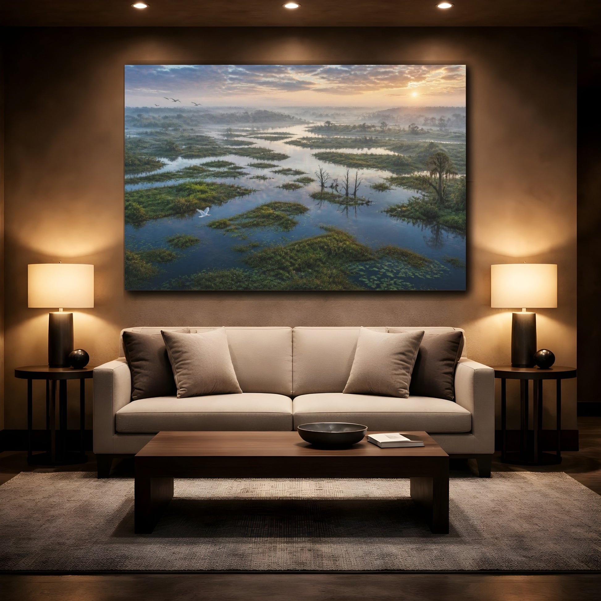 Mockup 2. Misty Wetland Sunrise shown as canvas print